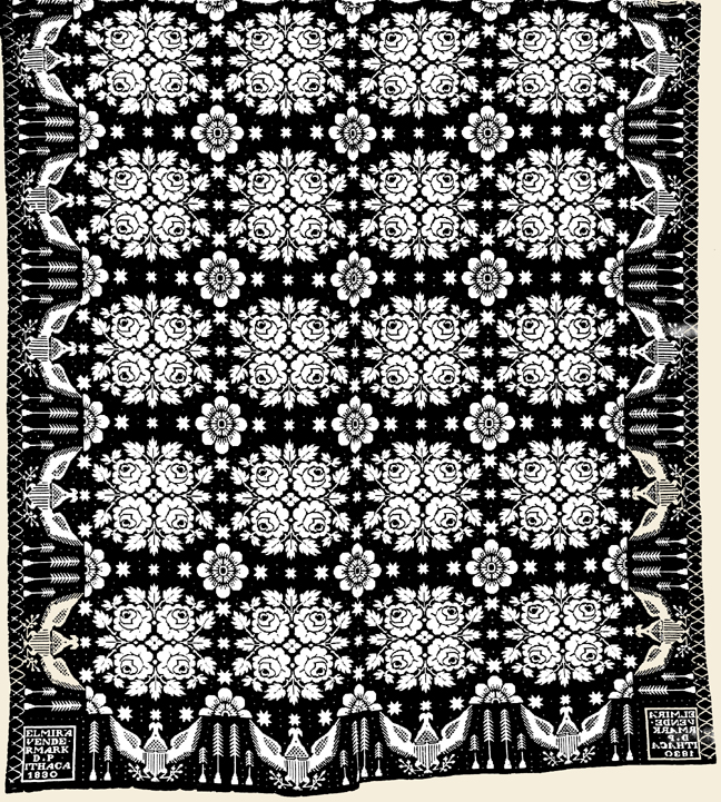Coverlet woven by D.P., Ithaca, NY 1830. Probably by Daniel Pollay. 