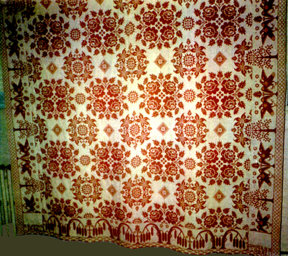 Coverlet woven in Reading, NY in 1840. Now in the Alling Coverlet Museum