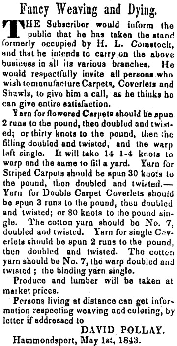 1843 ad by David Pollay for Fancy Weaving and Dying