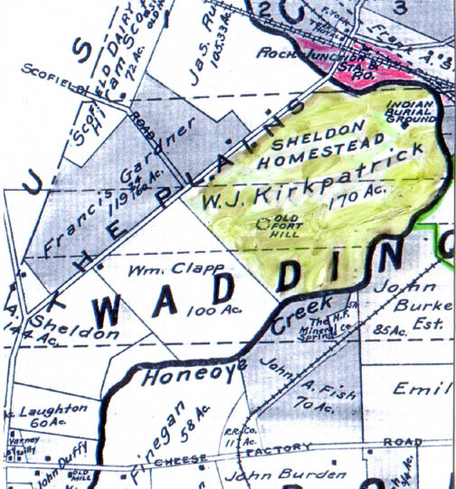 1902 Plat Map of Mendon showing 
  the Sheldon-Kirkpatrick farm, the former site of the Seneca village of Totiakton.