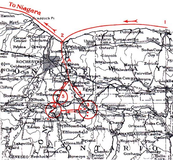 Route of Denonville's 1687 expedition 
  against the Iroquois. Source: Rochester Historical Society. 