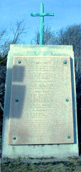 Monument erected in 1938 by the Order of the Alambra in honor of the French missionaries who built a 
	chapel at Totiakton in 1668. Photo by John G. Sheret.